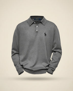 Gray long-sleeve polo shirt by Ralph Lauren, featuring a spread collar and three-button placket.