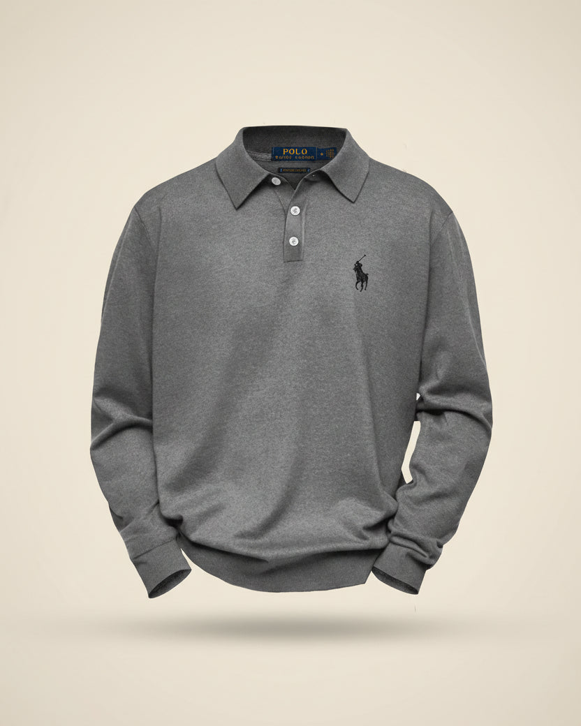 Gray long-sleeve polo shirt by Ralph Lauren, featuring a spread collar and three-button placket.